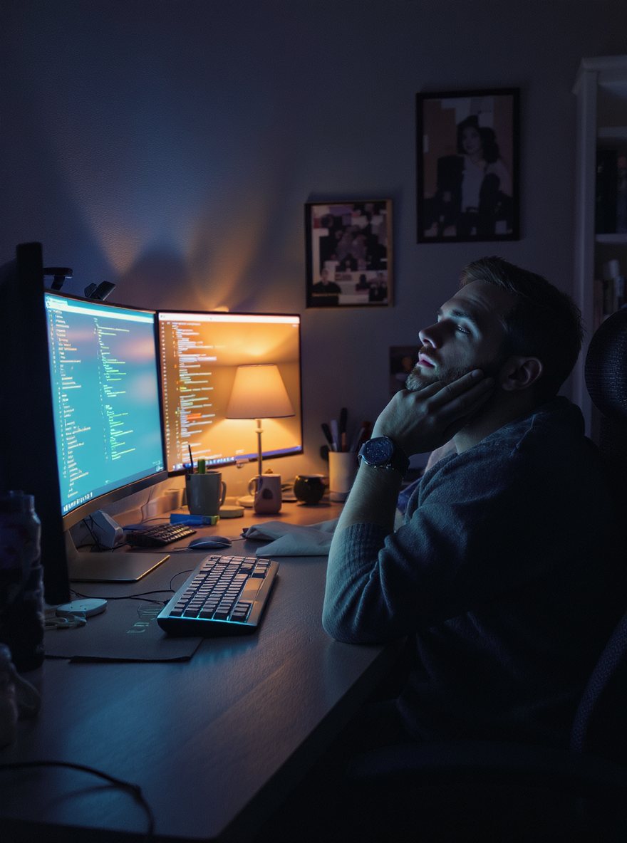 Programista wieczorem przy dwóch monitorach ze sztywnym karkiem
